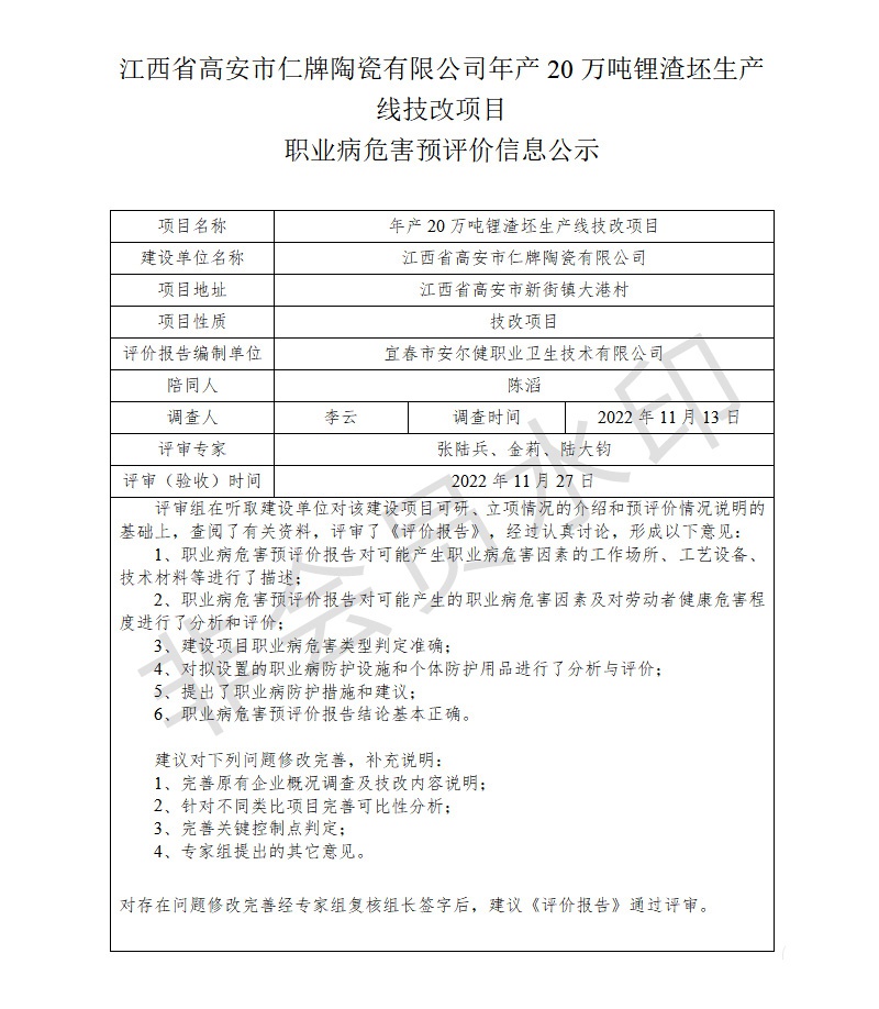 江西省高安市仁牌陶瓷有限公司年產(chǎn)20萬噸鋰渣坯生產(chǎn)線技改項目職業(yè)病危害預評價信息公示.jpg