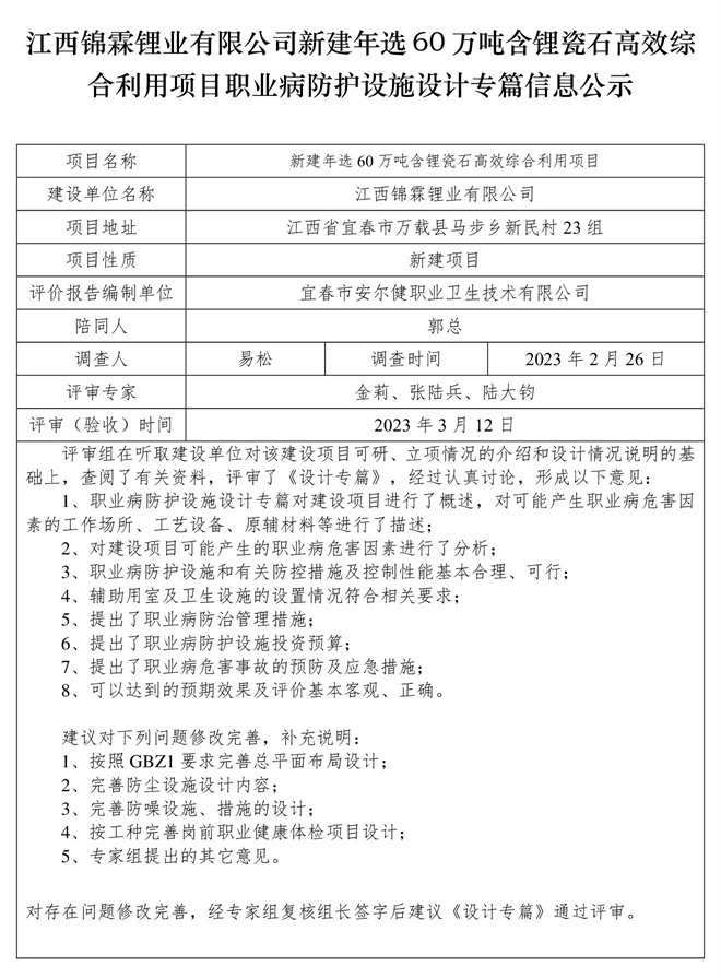 1678782212810919.jpg 江西錦霖鋰業(yè)有限公司新建年選60萬噸含鋰瓷石高效綜合利用項目職業(yè)病防護設(shè)施設(shè)計專篇信息公示.jpg