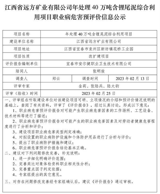 江西省遠方礦業(yè)有限公司年處理40萬噸含鋰尾泥綜合利用項目職業(yè)病危害預評價信息公示.jpg