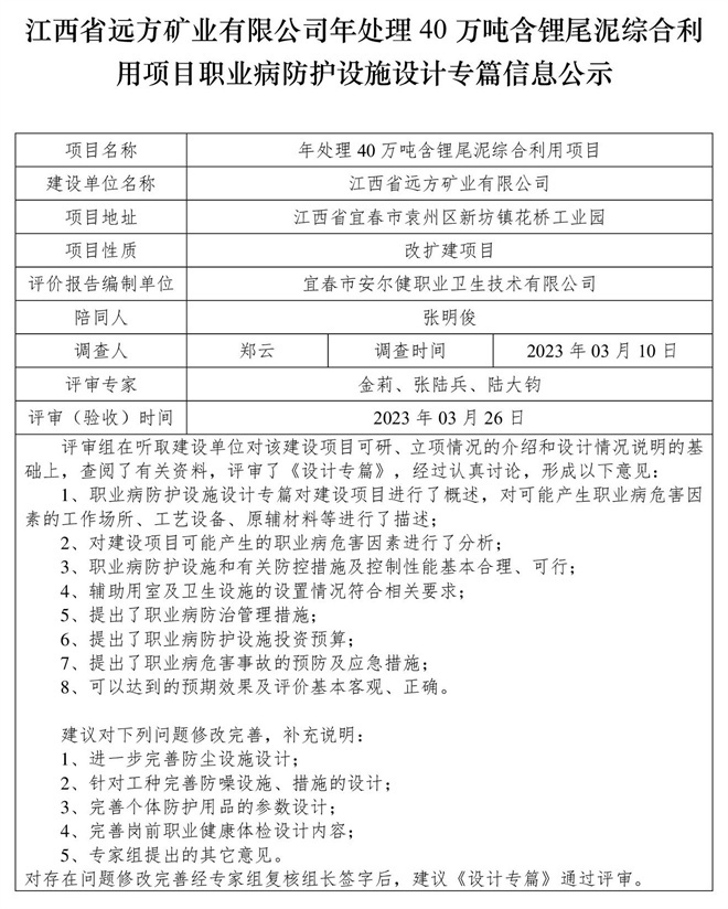 1679975637543719.jpg 江西省遠(yuǎn)方礦業(yè)有限公司年處理40萬(wàn)噸含鋰尾泥綜合利用項(xiàng)目職業(yè)病防護(hù)設(shè)施設(shè)計(jì)專篇信息公示.jpg
